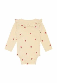 Garināls ar garām piedurknēm, gaisā beidzot krāsas beige ar maziem sarkaniem zemeņu printiem un ķēdes detaļu ap kaklu, izgatavots no mīksta kokvilnas materiāla.