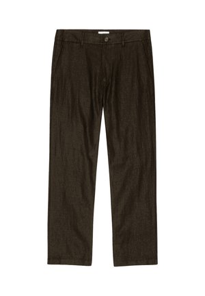 Donkerbruine recht gesneden broek met zijzakken, riemlussen en een knoopsluiting in de taille.