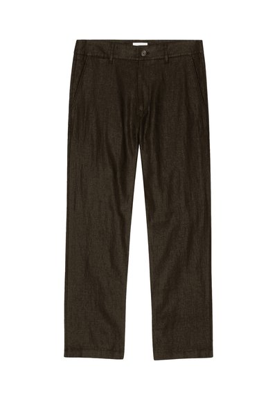 Dark brown straight-leg trousers with side pockets, belt loops, and a button closure at the waist.