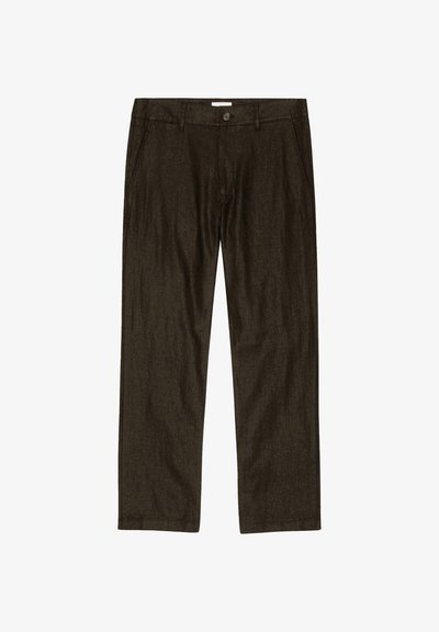 Dark brown straight-leg trousers with side pockets, belt loops, and a button closure at the waist.