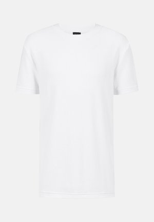 Wit T-shirt met korte mouwen, gemaakt van textuurstof. Heeft een ronde hals en een eenvoudig ontwerp zonder zichtbare patronen of accenten.