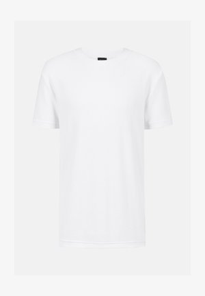 Wit T-shirt met korte mouwen, gemaakt van textuurstof. Heeft een ronde hals en een eenvoudig ontwerp zonder zichtbare patronen of accenten.