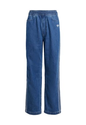Blå vidde bukser i denim med elastisk talje, sidelommer, frontlommer og lille hvid Adidas-logo på venstre hofte.