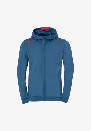 Blue zip-up hoodie made of smooth fabric with a red accent at the hood and logo on the left shoulder. Features front pockets and a fitted design.
