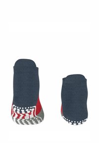 Chaussettes en tissu bleu marine avec des accents rouges et gris, dotées de points antidérapants blancs sur les semelles et d'un bord côtelé.