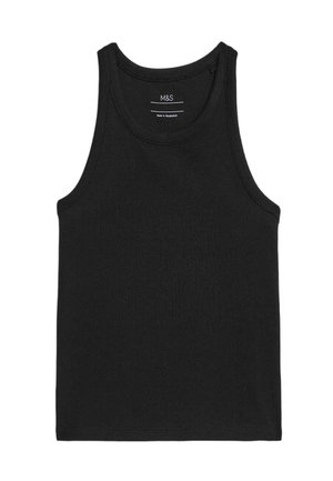 Débardeur noir en tissu côtelé, avec un col rond et des emmanchures larges. L'étiquette indique "M&S". Aucun motif ou accent notable.