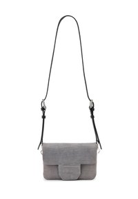 Grå læder crossbody taske med krokodilleskinds tekstur, rektangulær form, klaplukning og justerbar sort rem. Sølvfarvede metaldele.