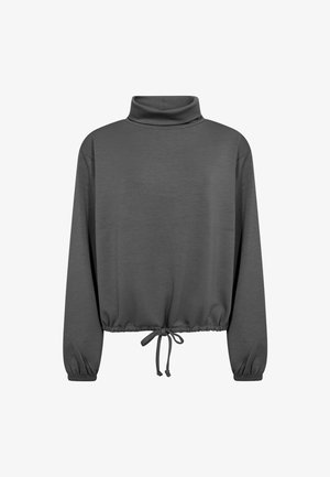 Dunkelgrauer, langärmeliger Rollkragenpullover mit elastischen Bündchen und Kordelzugsaum, auf weißem Hintergrund präsentiert.