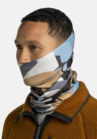 Multi-color neck gaiter made of soft, stretchy fabric featuring an abstract geometric pattern in blue, brown, black, and white.
