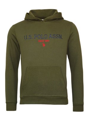 Olivgrüner Kapuzenpullover mit Kängurutasche und der Aufschrift "U.S. POLO ASSN. SINCE 1890" in Marineblau und Rot auf der Vorderseite gestickt.