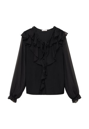 Sort bluse med flæser foran, lange gennemsigtige ærmer og bindebånd ved halsudskæringen. Blødt stof med glat tekstur.