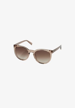 Transparente Blush-Sonnenbrille mit übergroßem, rundem Rahmen, einem verlaufenden braunen Glas und schmalen, geraden Bügeln mit dezenten Streifen.