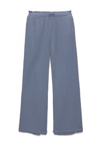 Vida byxor i mjukt blått tyg med en texturerad finish. Har en elastisk midja med snörning och råa fållar.