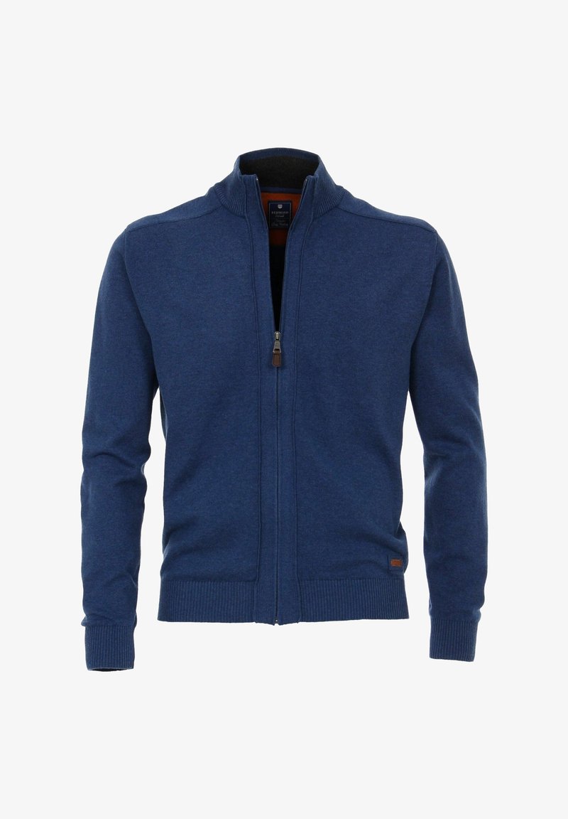Pull bleu pour homme avec fermeture éclair intégrale, poignets et ceinture côtelés, col montant et tirette de fermeture éclair en cuir