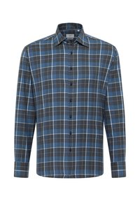 Camicia con bottoni in grigio scuro e motivo a quadri blu. Presenta maniche lunghe, colletto a punta e bottoni neri. Tessuto morbido.