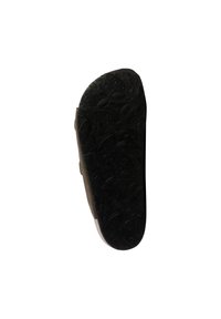 Semelle de chaussure en caoutchouc noir présentant une surface texturée avec des motifs ovales et des designs de crampons, légèrement courbée au niveau du talon et effilée à la pointe.