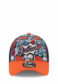 Cap mit einem lebhaften Comic-Stil-Design, das Grafiken von Detroit zeigt. In Blau und Orange, mit verstellbarem Rücken und gebogenem Schirm.