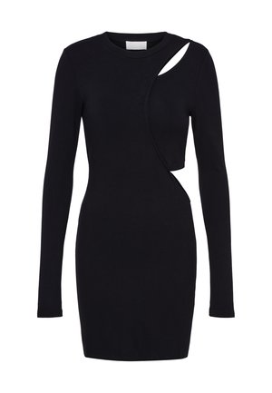 Schwarzes, langärmeliges Bodycon-Kleid mit asymmetrischem Ausschnitt an Schulter und Taille, mit rundem Ausschnitt und figurbetontem Schnitt.