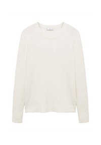 Pull long à manches longues blanc côtelé avec un col rond, coupe légèrement ample et texture lisse. Pas de motifs ni d'accents visibles.