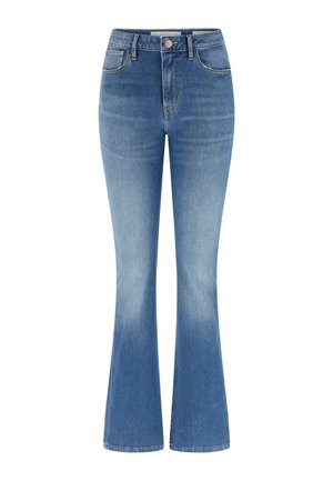 Blue high-waisted denim jeans with front pockets, a button and zipper closure, and slight flare at the bottom.