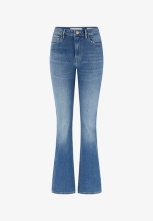 Blue high-waisted denim jeans with front pockets, a button and zipper closure, and slight flare at the bottom.