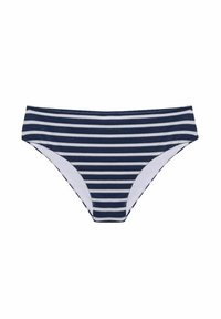 Costum de baie tip bikini inferior cu dungi în navy și alb, având un design ajustat, cu o textură netedă și o căptușeală albă solidă. Potrivit pentru plajă.