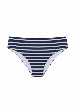 Gestreifte Bikiniunterteile in Marineblau und Weiß, mit einem enganliegenden Design, glatter Textur und einfarbigem weißen Futter. Geeignet für Strandmode.
