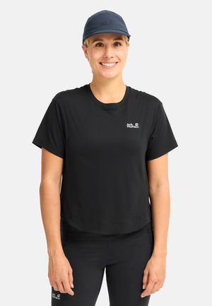 Black short-sleeve athletic t-shirt with a round neckline and slight crop, paired with matching black leggings. Logo printed on chest.