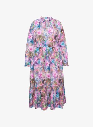 Luftiges Langarmkleid mit mehrfarbigem Blumenmuster auf einem transparenten Stoff, mit einem gerafften Ausschnitt und gestuften Saum.