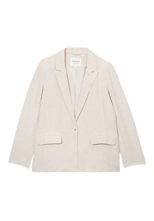 Blazer en lin beige avec un col à revers, fermeture à un bouton, et deux poches avant. Texture lisse et coupe décontractée avec des manches longues.