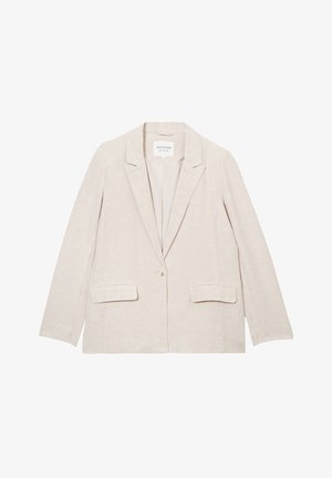 Blazer en lin beige avec un col à revers, fermeture à un bouton, et deux poches avant. Texture lisse et coupe décontractée avec des manches longues.