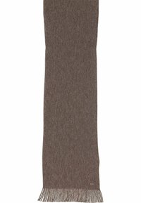 Sciarpa lavorata a maglia marrone con una texture a coste, caratterizzata da bordi frangiati e una leggera lucentezza. Design leggero ed allungato per un uso versatile.