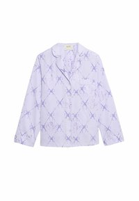 Lavendelfarbene Schlafanzugbluse mit Schleifenmuster, ausgestattet mit einer Brusttasche und einem Kragen. Weicher Stoff, lange Ärmel und Knopfmanschetten.