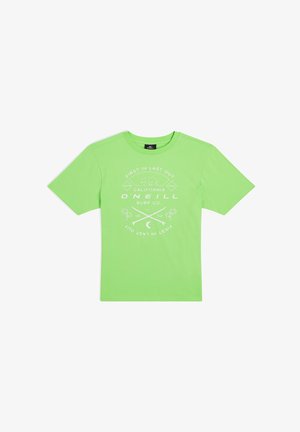 Helles grünes Baumwoll-T-Shirt mit rundem Halsausschnitt und kurzen Ärmeln. Vorderseite mit weißem Grafiktext und surf-inspiriertem Design sowie Palmen.