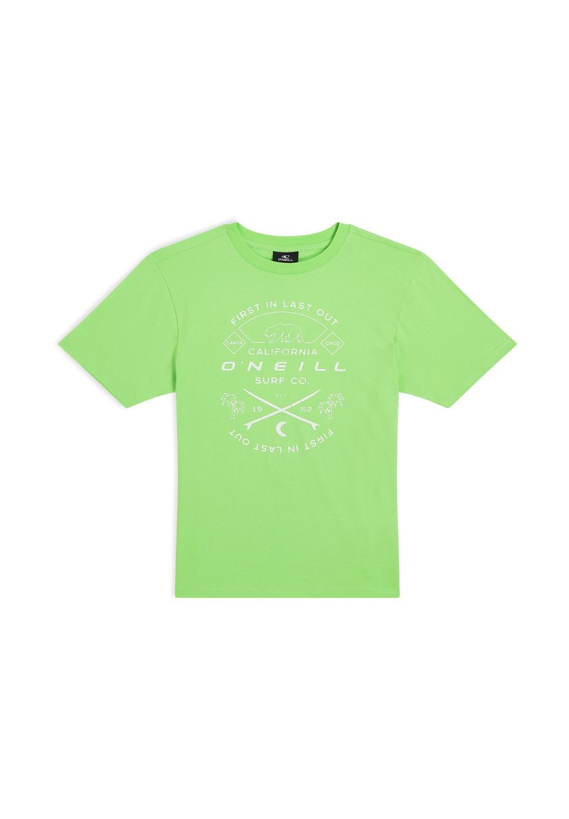 Camiseta de algodón verde brillante con cuello redondo y mangas cortas. Texto gráfico frontal en blanco con un diseño de surf y palmeras.