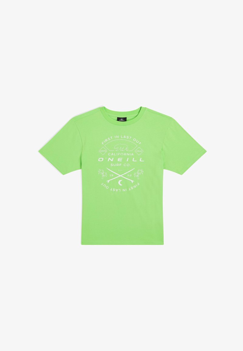 Erkki heledalt roheliselt puuvillane T-särk, millel on ümmargune kaelus ja lühikesed varrukad. Ees on valge graafiline tekst, kus on surfiteemaline kujundus ja palmipuud.