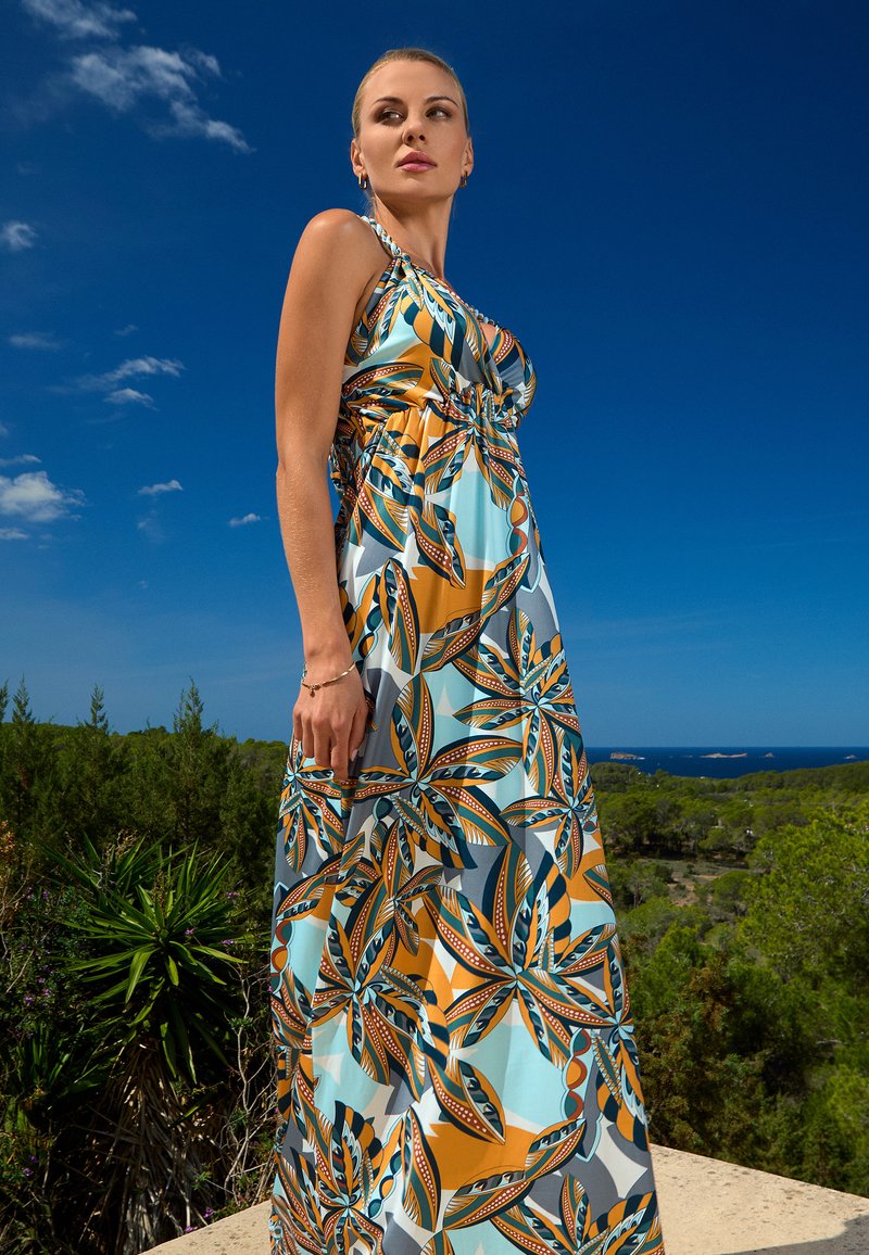 strapless open back dress Turquoise Satin Cowl Neck Midi Dress