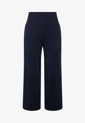 Pantalones de pierna ancha en color azul marino con una cinturilla fruncida y tejido suave. Presentan un ajuste relajado y una textura suave, adecuados para varias ocasiones.