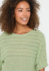 Maglione a maglia verde chiaro con un motivo a rete e strisce orizzontali, dal taglio rilassato, maniche corte e scollo ampio.
