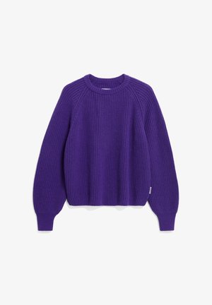 Paarse gebreide trui met een ronde halslijn, ribbelstructuur, lange mouwen en een iets cropped pasvorm. Heeft raglan naden.