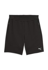 Pantalones cortos deportivos negros hechos de una tela suave. Las características incluyen una cinturilla elástica, dos bolsillos laterales y un acento de logo blanco.