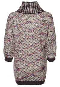 Chunky stickad beige tröja med flerdimensionella färgprickar, strukturerade mönster, hög mörk ribbad krage samt ribbade ärmslut och nederkant.