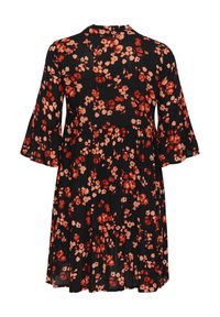 Vestido negro con un estampado floral en tonos rojos y rosas. Mangas acampanadas y un diseño en volantes con una cintura recogida. Tejido ligero.