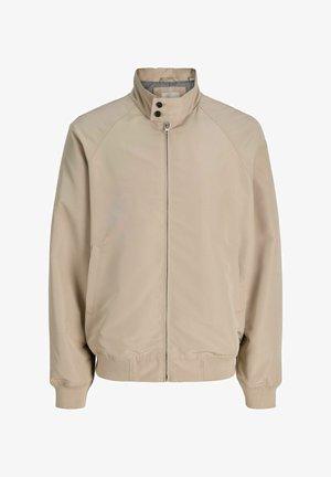 Beige Reißverschlussjacke mit Stehkragen, zwei Knöpfen, Seitentaschen, Rippbündchen an Ärmeln und Saum, gefüttert mit kariertem Stoff.