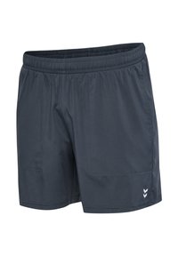 Mörkgråa träningsshorts med elastisk midja, två sidofickor och en liten vit logotyp på nedre vänstra sidan. Släta texturerade tyger.