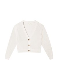 Cardigan court en tricot blanc avec manches longues et trois boutons beiges sur le devant.