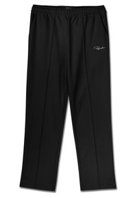 Black athletic pants made of smooth fabric with an elastic waistband. Features two side pockets and a subtle brand logo embroidered in white.
