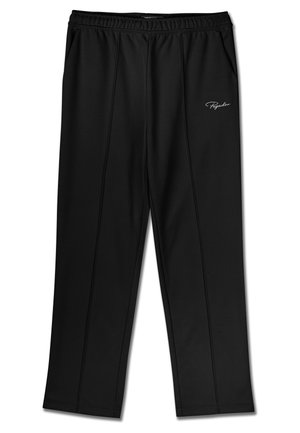 Black athletic pants made of smooth fabric with an elastic waistband. Features two side pockets and a subtle brand logo embroidered in white.