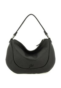 Borsa a spalla in pelle nera con forma curvata, finitura testurizzata, chiusura con zip superiore e manico corto. Presenta un logo discreto sul davanti.