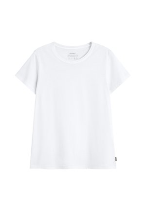 Camiseta blanca sencilla de manga corta y cuello redondo, hecha de 100% algodón orgánico, colocada plana sobre un fondo blanco.